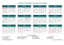 Calendar Horizintal Grid Sun Sat Kenya Holiday Cool Blue Landscape 2023