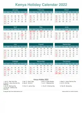 Calendar Horizintal Grid Sun Sat Kenya Holiday Cool Blue Portrait 2022