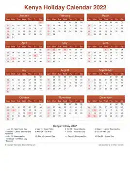Calendar Horizintal Grid Sun Sat Kenya Holiday Earth Portrait 2022
