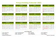 Calendar Horizintal Grid Sun Sat Kenya Holiday Natural Landscape 2023