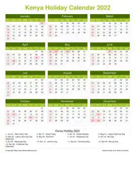 Calendar Horizintal Grid Sun Sat Kenya Holiday Natural Portrait 2022