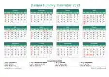 Calendar Horizintal Grid Sun Sat Kenya Holiday Watery Blue Landscape 2023