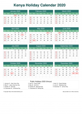 Calendar Horizintal Grid Sun Sat Kenya Holiday Watery Blue Portrait 2020