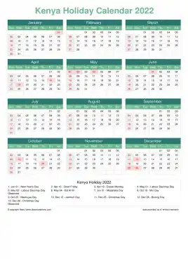 Calendar Horizintal Grid Sun Sat Kenya Holiday Watery Blue Portrait 2022