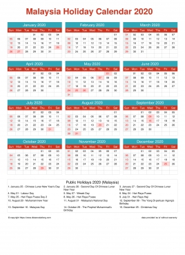 Calendar Horizintal Grid Sun Sat Malaysia Holiday Cheerful Bright Portrait 2020