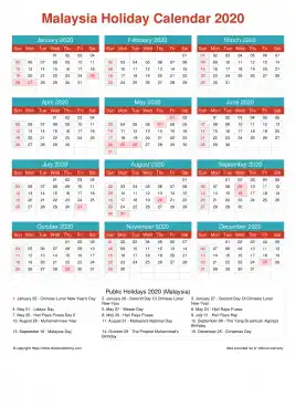 Calendar Horizintal Grid Sun Sat Malaysia Holiday Cheerful Bright Portrait 2020