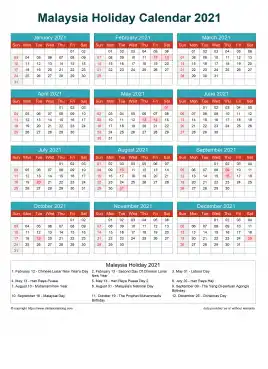 Calendar Horizintal Grid Sun Sat Malaysia Holiday Cheerful Bright Portrait 2021