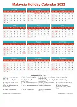 Calendar Horizintal Grid Sun Sat Malaysia Holiday Cheerful Bright Portrait 2022
