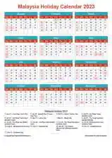 Calendar Horizintal Grid Sun Sat Malaysia Holiday Cheerful Bright Portrait 2023