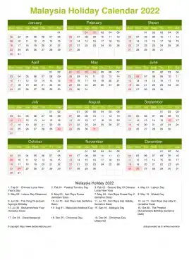 Calendar Horizintal Grid Sun Sat Malaysia Holiday Natural Portrait 2022