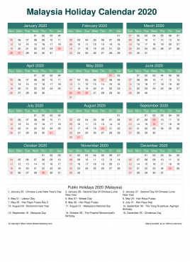Calendar Horizintal Grid Sun Sat Malaysia Holiday Watery Blue Portrait 2020
