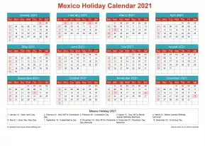 Calendar Horizintal Grid Sun Sat Mexico Holiday Cheerful Bright Landscape 2021