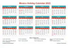 Calendar Horizintal Grid Sun Sat Mexico Holiday Cheerful Bright Landscape 2023