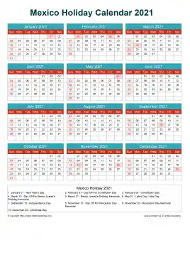 Calendar Horizintal Grid Sun Sat Mexico Holiday Cheerful Bright Portrait 2021