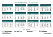 Calendar Horizintal Grid Sun Sat Mexico Holiday Cool Blue Landscape 2023