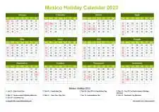 Calendar Horizintal Grid Sun Sat Mexico Holiday Natural Landscape 2023