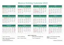 Calendar Horizintal Grid Sun Sat Mexico Holiday Watery Blue Landscape 2023
