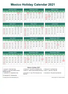 Calendar Horizintal Grid Sun Sat Mexico Holiday Watery Blue Portrait 2021