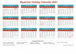 Calendar Horizintal Grid Sun Sat Myanmar Holiday Cheerful Bright Landscape 2021
