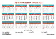 Calendar Horizintal Grid Sun Sat Myanmar Holiday Cheerful Bright Landscape 2023
