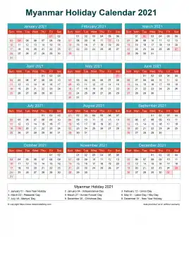 Calendar Horizintal Grid Sun Sat Myanmar Holiday Cheerful Bright Portrait 2021