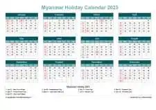 Calendar Horizintal Grid Sun Sat Myanmar Holiday Cool Blue Landscape 2023