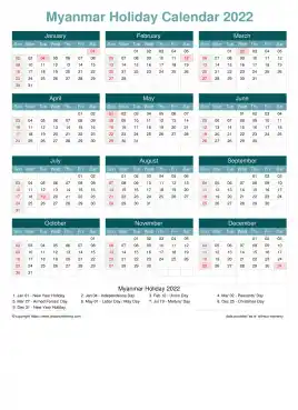 Calendar Horizintal Grid Sun Sat Myanmar Holiday Cool Blue Portrait 2022