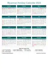 Calendar Horizintal Grid Sun Sat Myanmar Holiday Cool Blue Portrait 2023