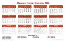 Calendar Horizintal Grid Sun Sat Myanmar Holiday Earth Landscape 2023