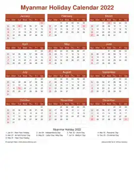 Calendar Horizintal Grid Sun Sat Myanmar Holiday Earth Portrait 2022