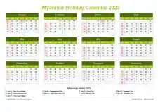 Calendar Horizintal Grid Sun Sat Myanmar Holiday Natural Landscape 2023