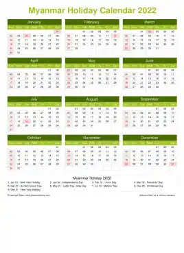 Calendar Horizintal Grid Sun Sat Myanmar Holiday Natural Portrait 2022