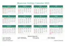 Calendar Horizintal Grid Sun Sat Myanmar Holiday Watery Blue Landscape 2023