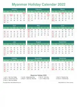 Calendar Horizintal Grid Sun Sat Myanmar Holiday Watery Blue Portrait 2022