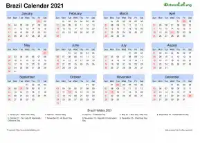 Calendar Horizintal Grid Sun Sat National Holiday Brazil Landscape 2021