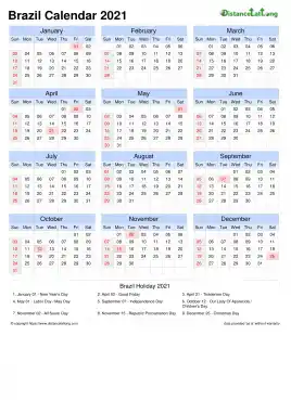 Calendar Horizintal Grid Sun Sat National Holiday Brazil Portrait 2021