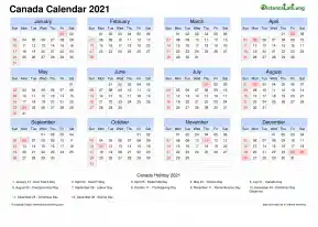 Calendar Horizintal Grid Sun Sat National Holiday Canada Landscape 2021