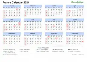 Calendar Horizintal Grid Sun Sat National Holiday France Landscape 2021
