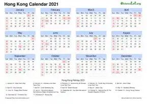 Calendar Horizintal Grid Sun Sat National Holiday Hong Kong Landscape 2021