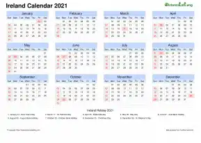 Calendar Horizintal Grid Sun Sat National Holiday Ireland Landscape 2021