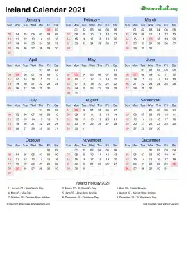 Calendar Horizintal Grid Sun Sat National Holiday Ireland Portrait 2021