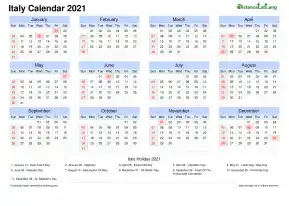 Calendar Horizintal Grid Sun Sat National Holiday Italy Landscape 2021