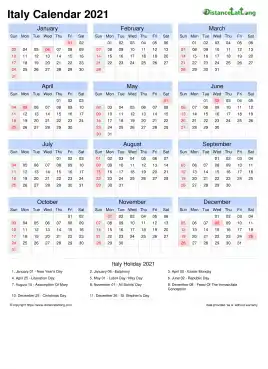 Calendar Horizintal Grid Sun Sat National Holiday Italy Portrait 2021