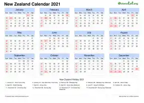 Calendar Horizintal Grid Sun Sat National Holiday New Zealand Landscape 2021