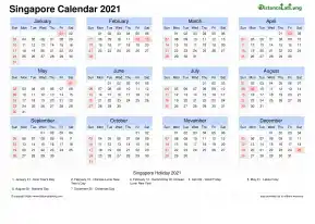 Calendar Horizintal Grid Sun Sat National Holiday Singapore Landscape 2021