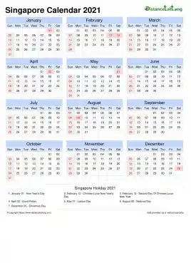 Calendar Horizintal Grid Sun Sat National Holiday Singapore Portrait 2021