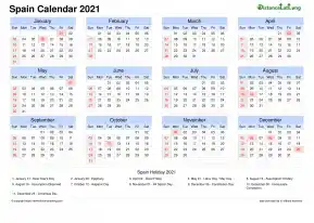 Calendar Horizintal Grid Sun Sat National Holiday Spain Landscape 2021