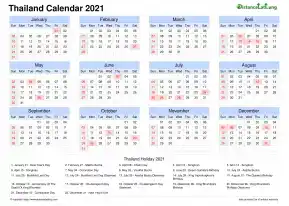 Calendar Horizintal Grid Sun Sat National Holiday Thailand Landscape 2021