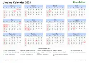 Calendar Horizintal Grid Sun Sat National Holiday Ukraine Landscape 2021