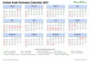 Calendar Horizintal Grid Sun Sat National Holiday United Arab Emirates Landscape 2021